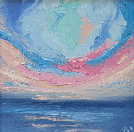 An original oil painting featuring a vibrant, colorful sky over a serene body of water, evoking a sense of brightness and hope.