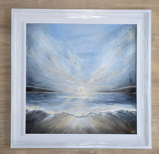 Framed painting of a landscape with reflective water and sky.