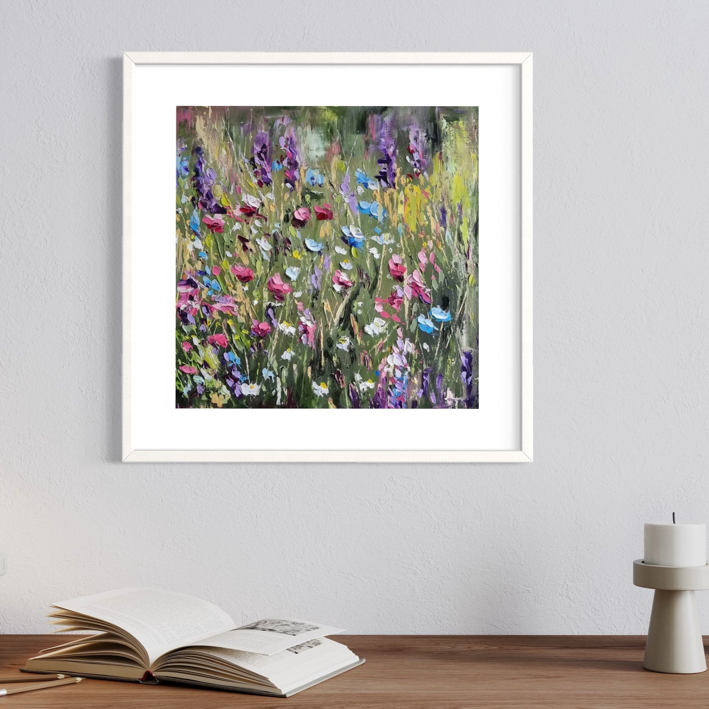 An original floral oil painting of flowers on a woodland walk. The colours are bright, positive and joyful.