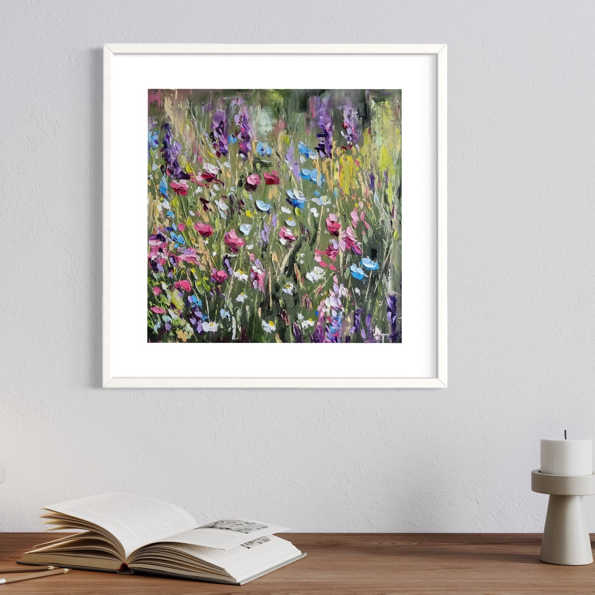An original floral oil painting of flowers on a woodland walk. The colours are bright, positive and joyful.