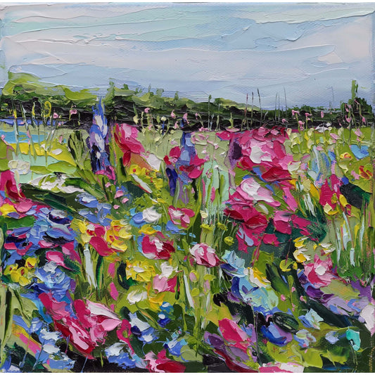 An original floral oil painting of wildflowers on a summer's day.  8" x 8" (20cm x 20cm) on a slim canvas, unframed.