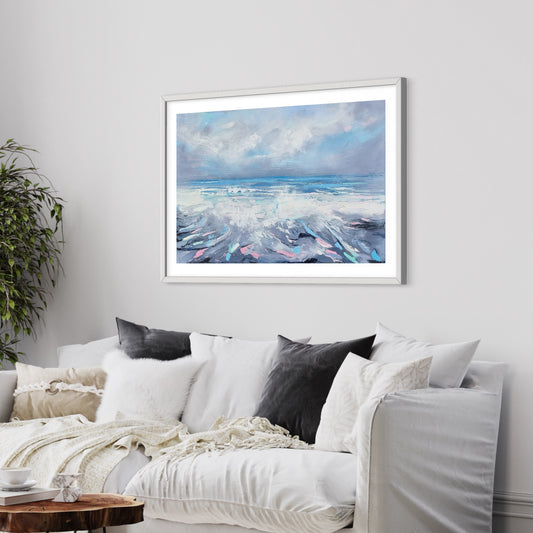 An original oil painting depicting the misty ocean waves tumbling against the rocks along the Irish coast.
