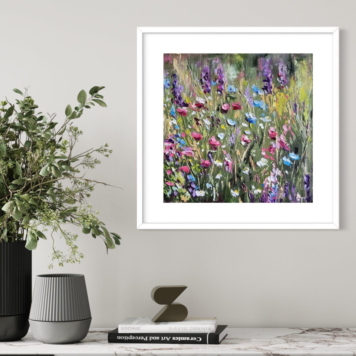 An original floral oil painting of flowers on a woodland walk. The colours are bright, positive and joyful.