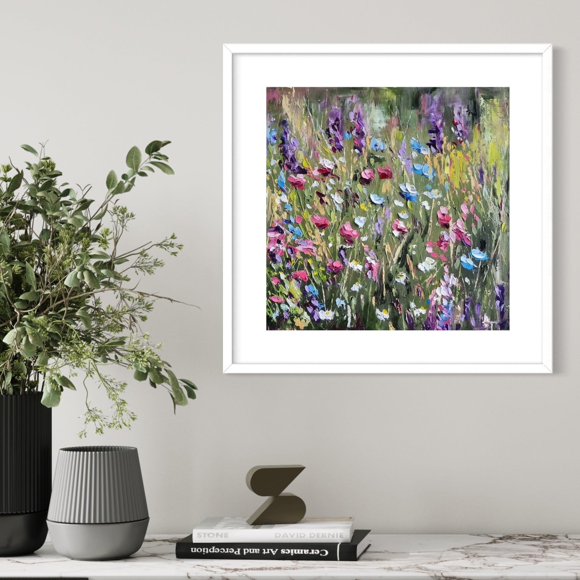 An original floral oil painting of flowers on a woodland walk. The colours are bright, positive and joyful.