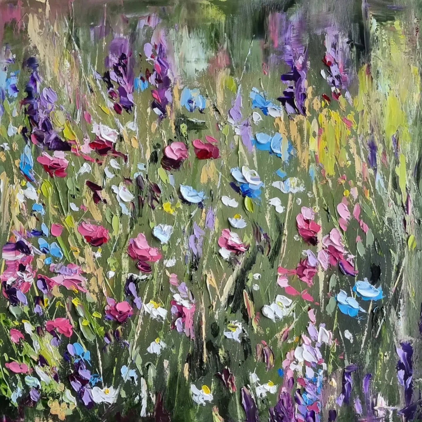 An original floral oil painting of flowers on a woodland walk. The colours are bright, positive and joyful.