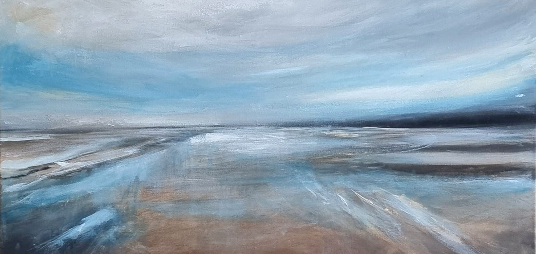 Irish seascape painting with a cloudy sky above, earthy colours of brown, white and blue. 