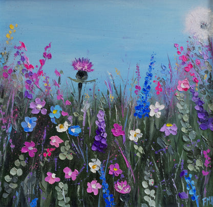Painting of a field of colorful wildflowers with a blue sky background