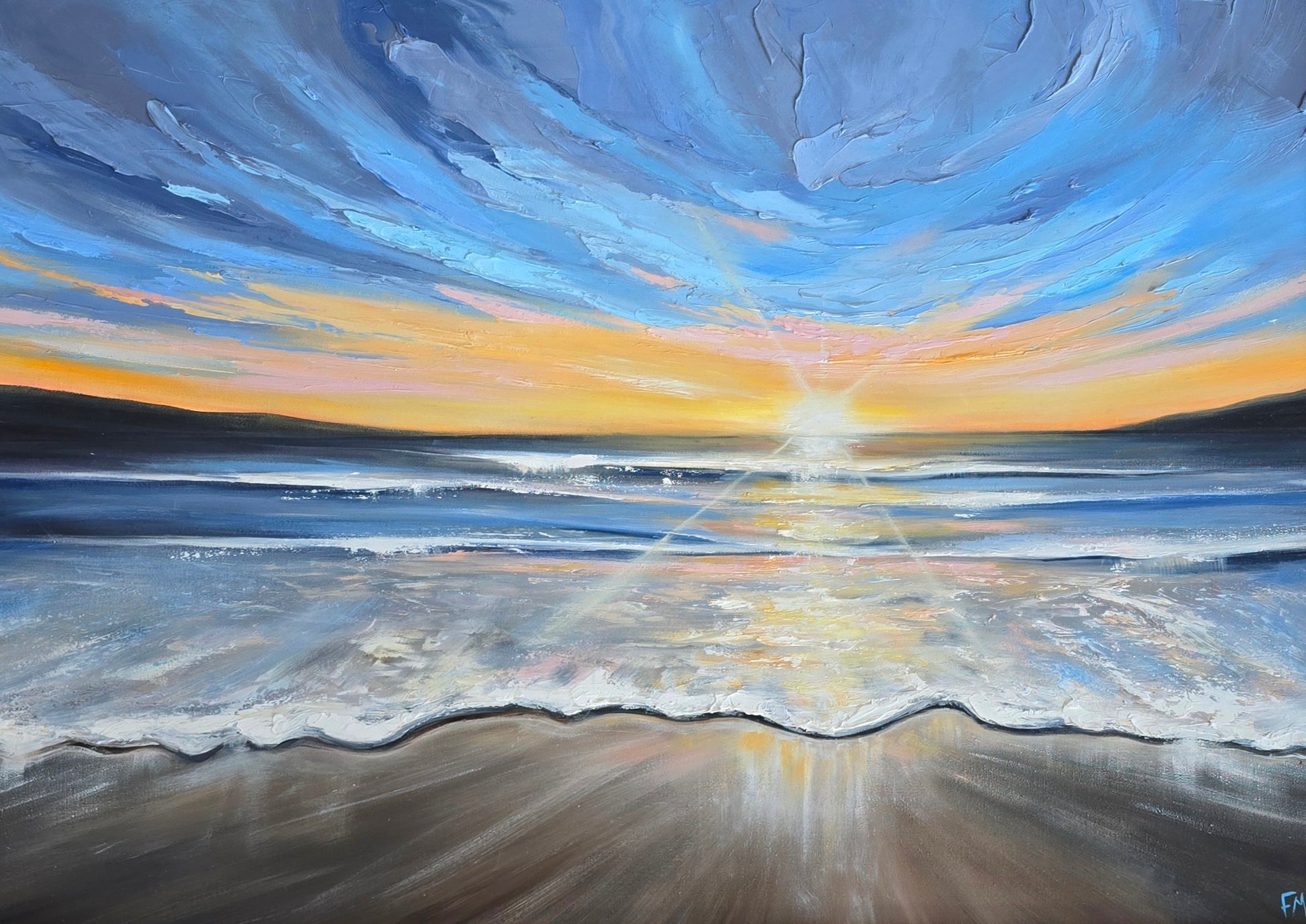 Painting of a sunrise over water with a bright light source.