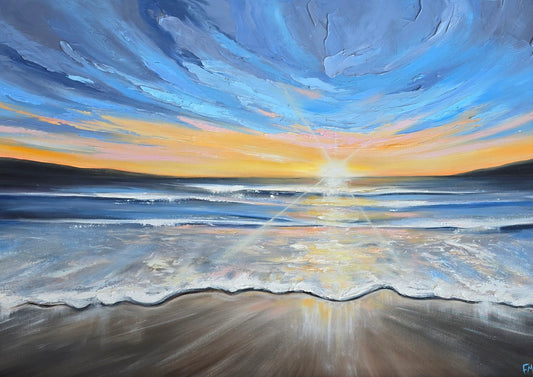 Painting of a sunrise over water with a bright light source.