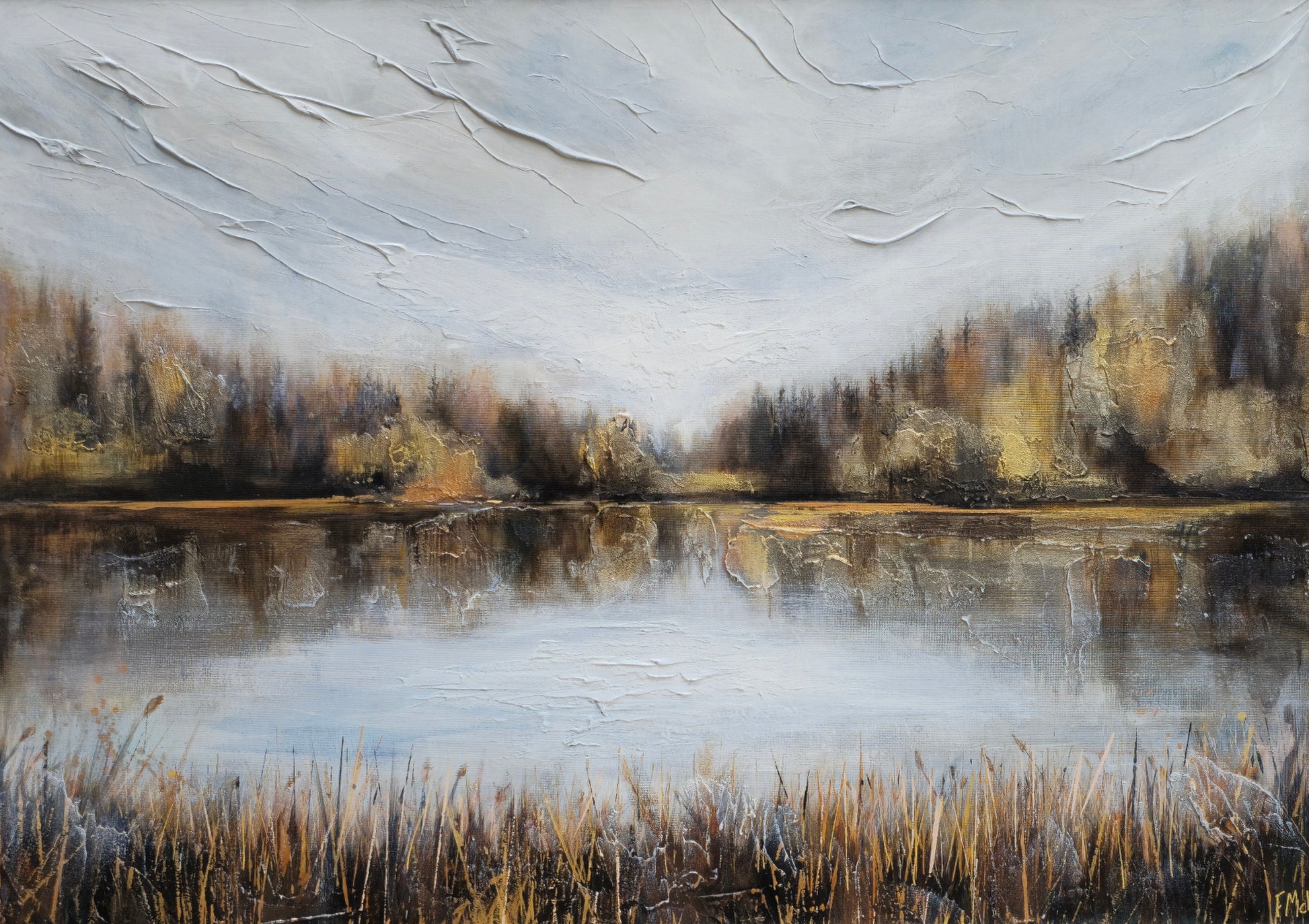 Painting of a serene landscape with a lake, trees, and overcast sky.