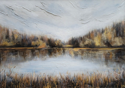 Painting of a serene landscape with a lake, trees, and overcast sky.