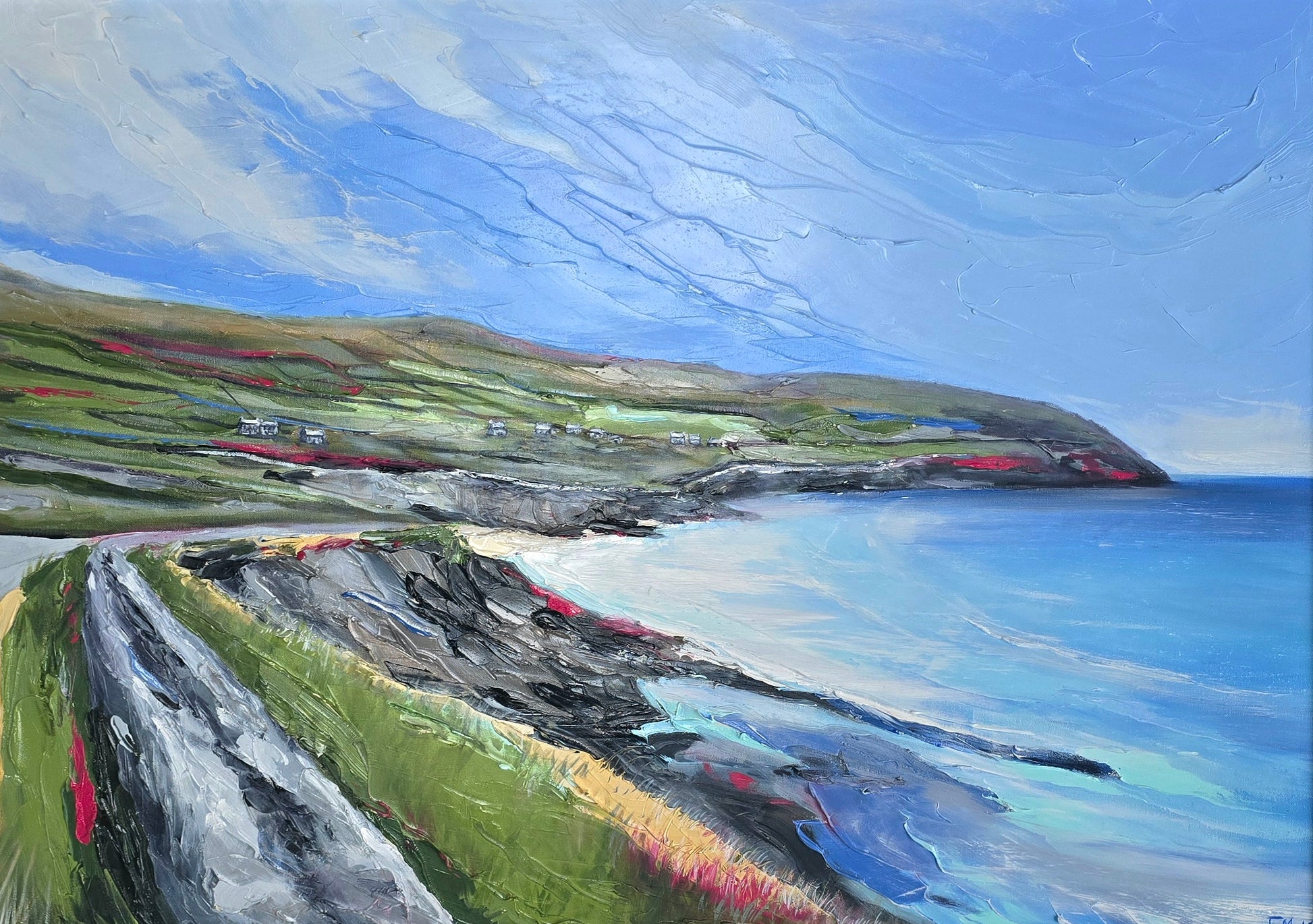 Painting of a coastal landscape with green hills, blue sea, and sky.