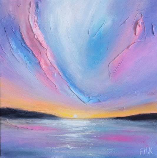 Abstract painting of a colorful sky with pink, blue, and purple hues over water.