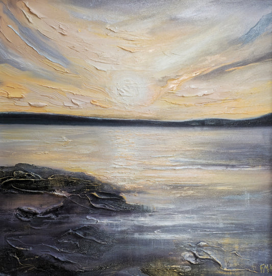 Painting of a coastal scene with a sunset over water and cliffs.