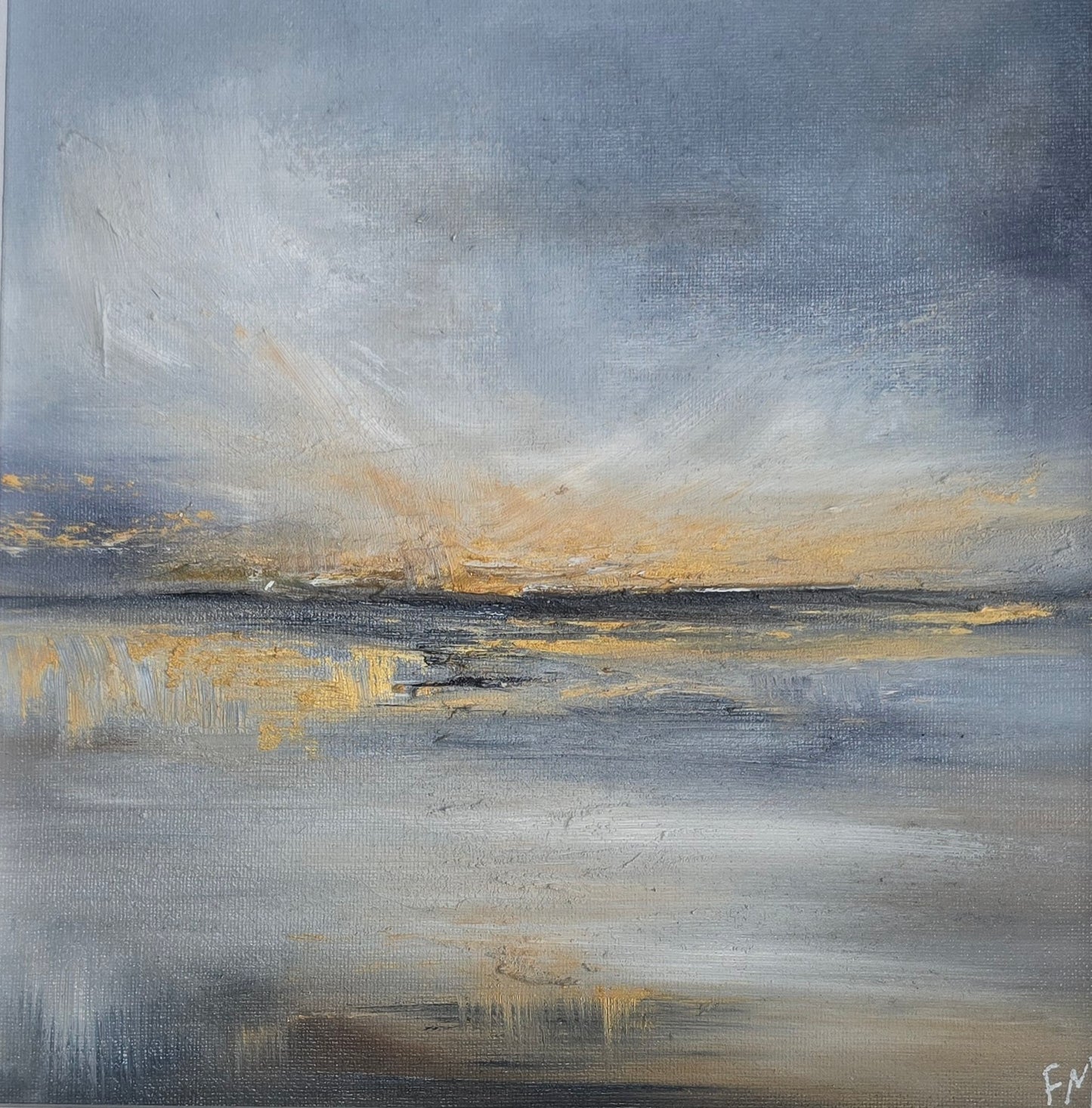 Abstract painting of a landscape with gray, blue, and golden tones.