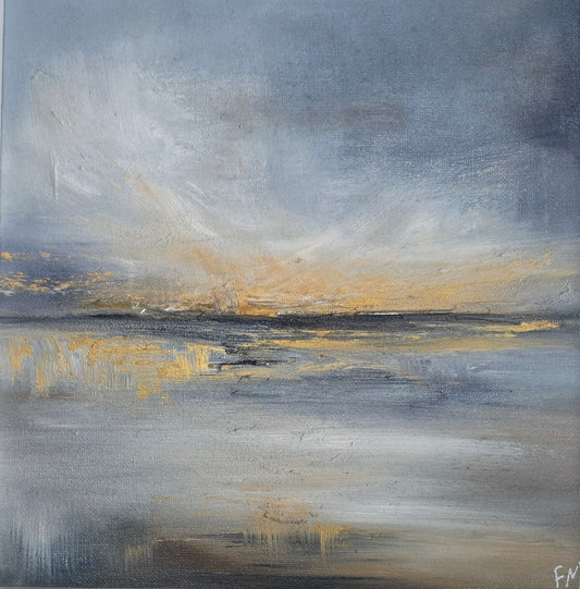 Abstract painting of a landscape with gray, blue, and golden tones.