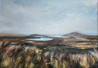 Painting of a landscape with a lake and mountains