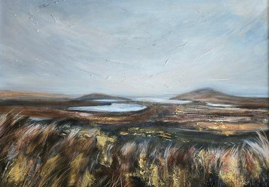 Painting of a landscape with a lake and mountains