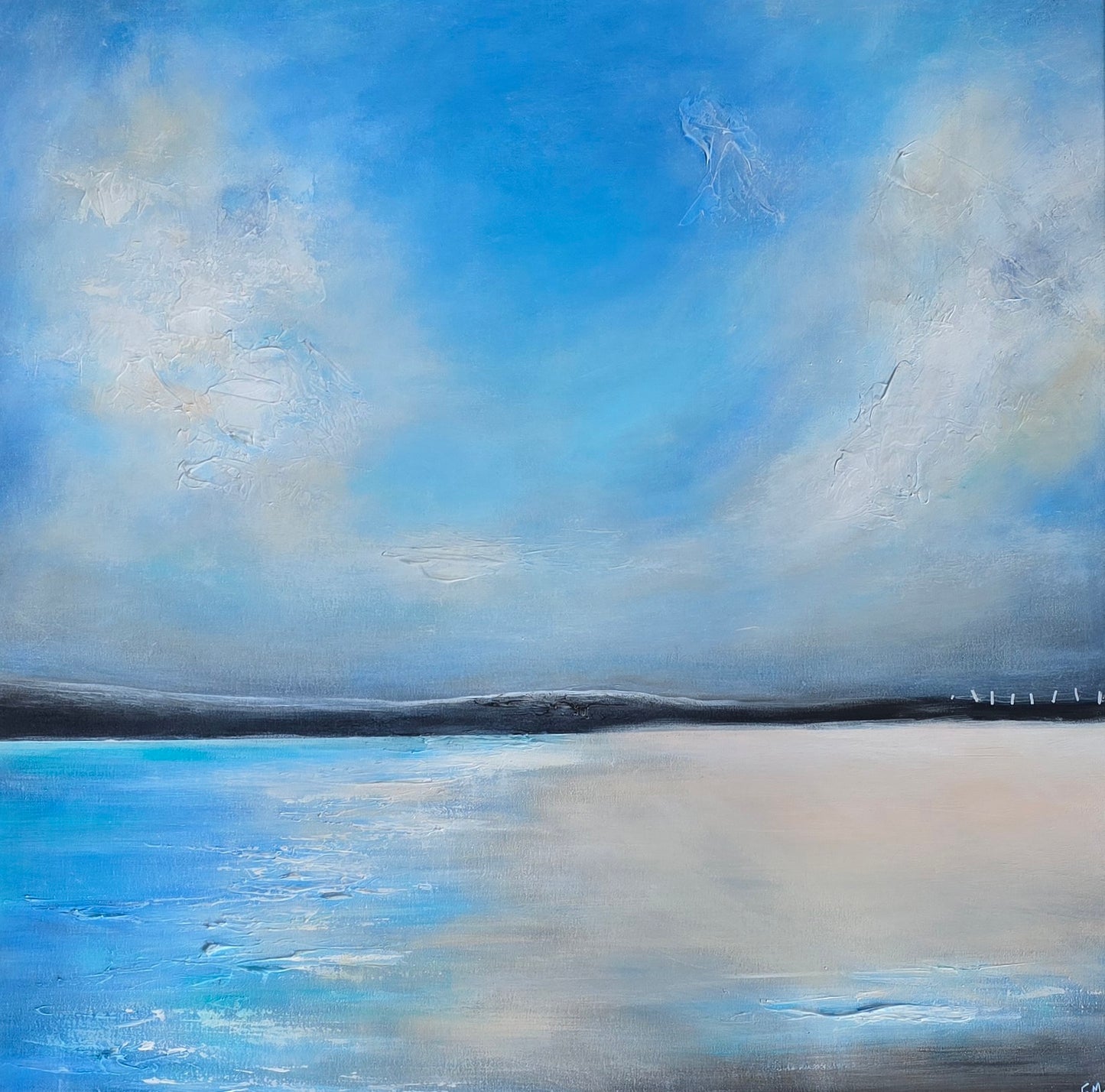 Painting of a landscape with a blue sky and water reflection