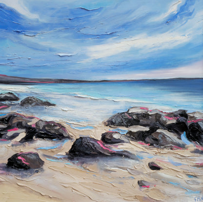 Painting of a beach scene with rocks and water