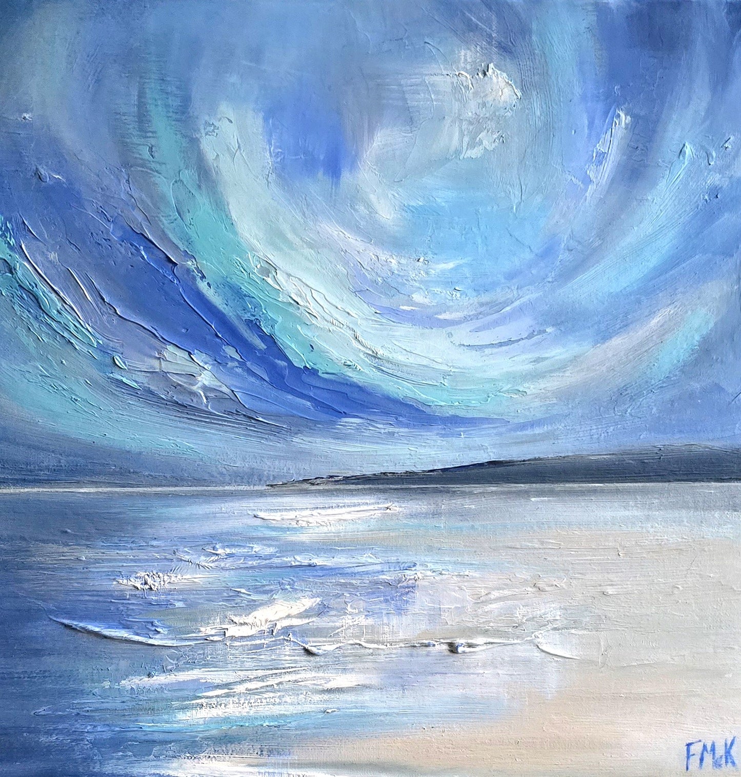 Abstract painting of a swirling blue sky over the coast