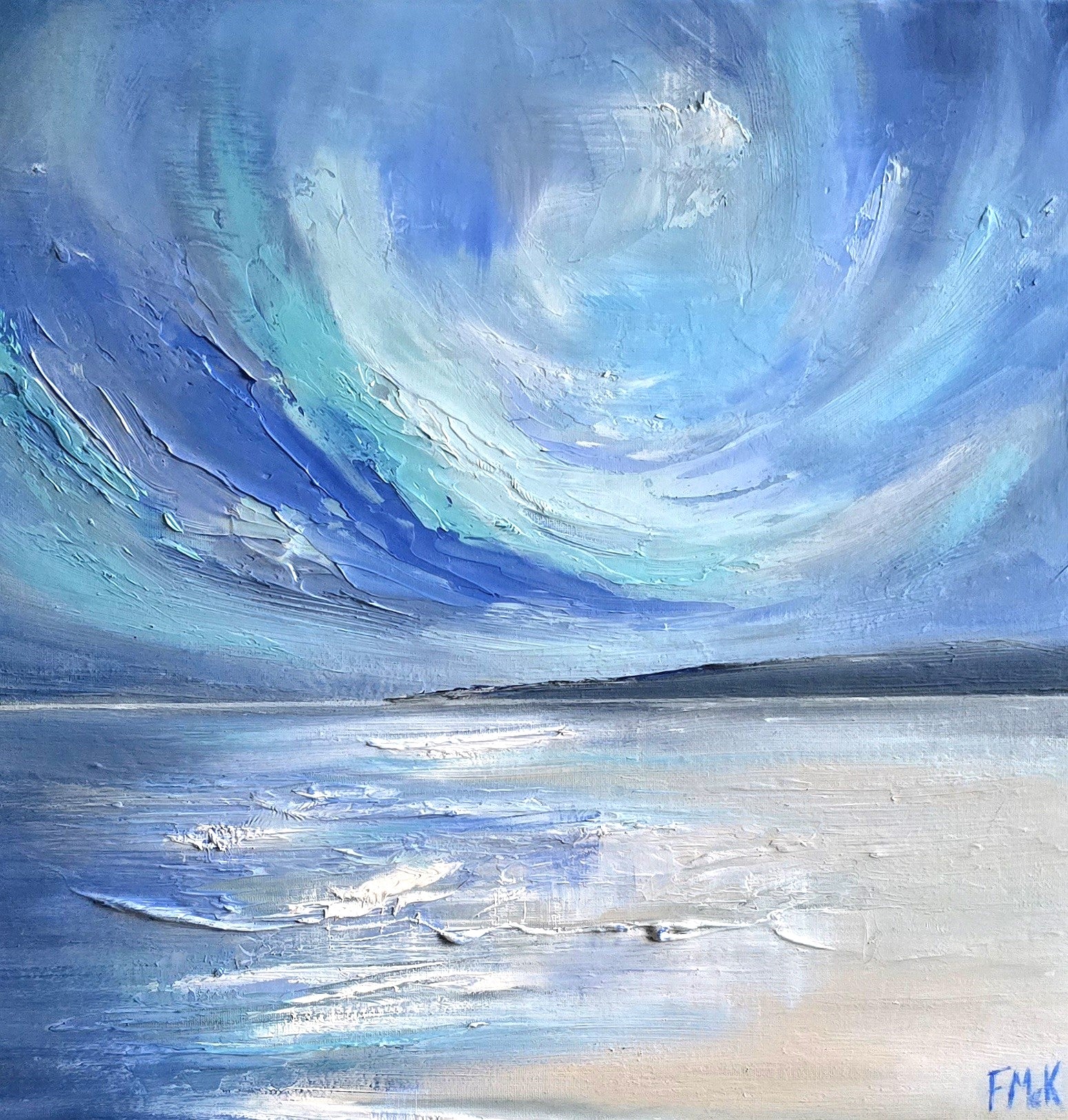 Abstract painting of a swirling blue sky over the coast