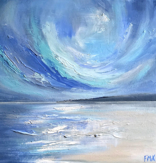 Abstract painting of a swirling blue sky over the coast
