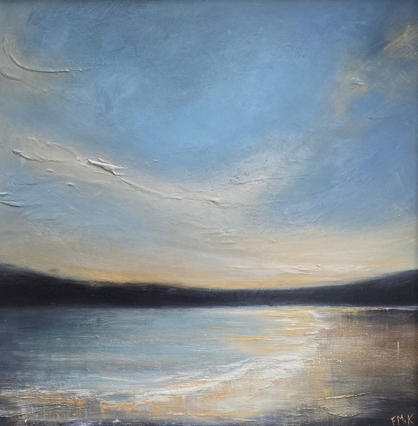 Abstract painting of a coastal landscape with a gold and blue sky and water.
