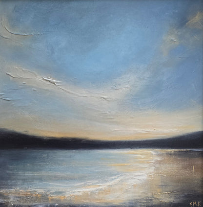 Abstract painting of a coastal landscape with a gold and blue sky and water.