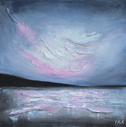 A framed acrylic painting titled 'Evening Glow', depicting a serene beach scene with pink and gray tones, creating a calm, reflective atmosphere.