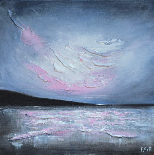 A framed acrylic painting titled 'Evening Glow', depicting a serene beach scene with pink and gray tones, creating a calm, reflective atmosphere.