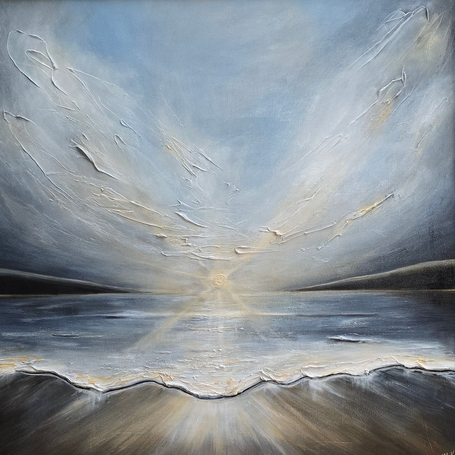 Abstract painting of a sunset over waves