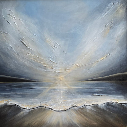 Abstract painting of a sunset over waves