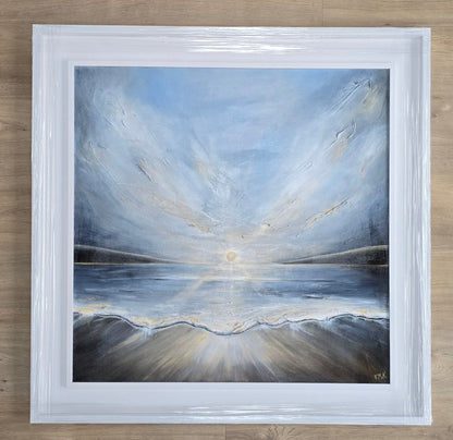 Framed painting of a landscape with reflective water and sky.