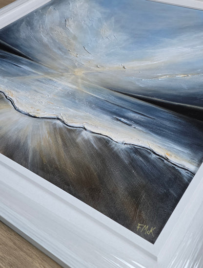 Abstract painting with sea foam in blue, gray, and brown tones, framed in white.