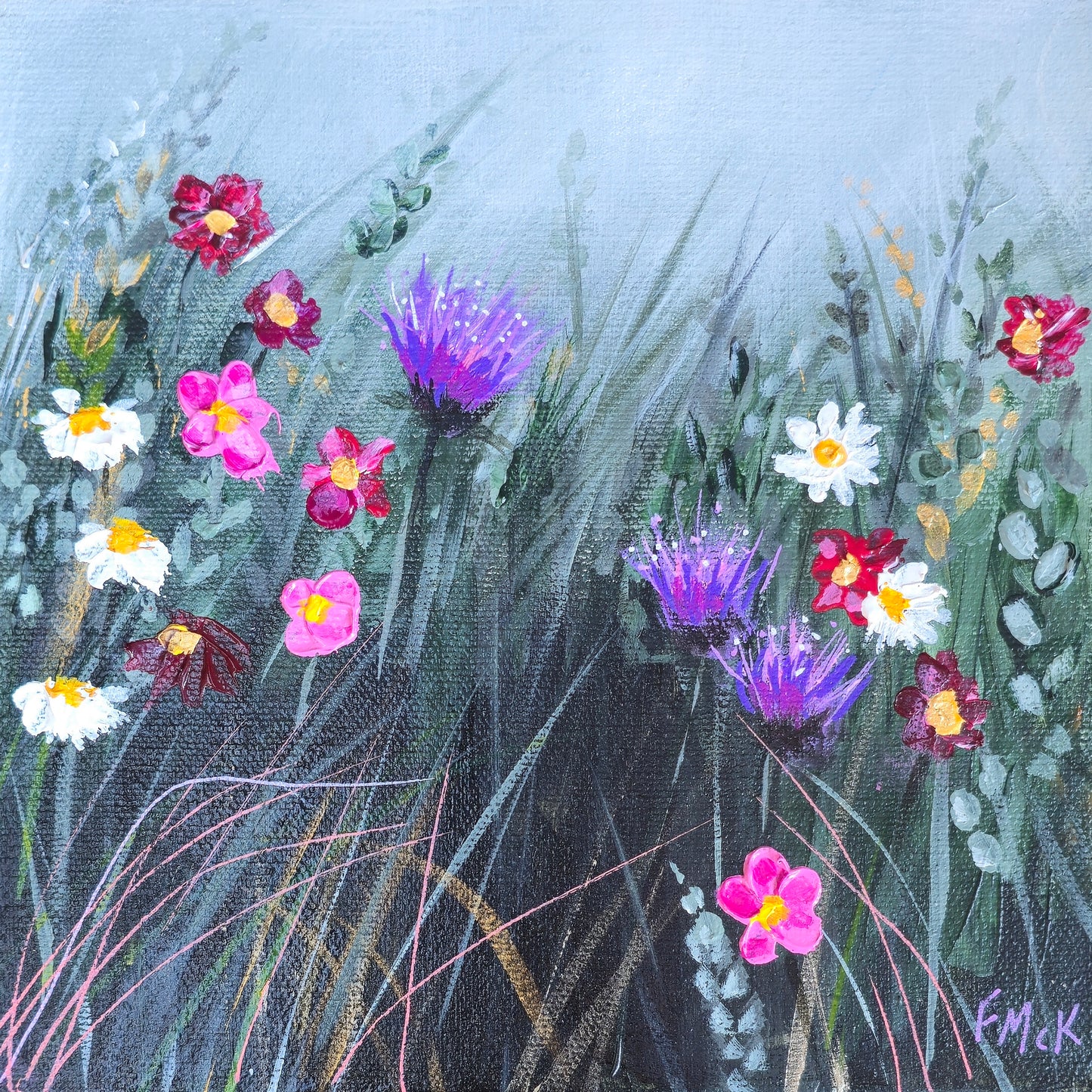 Painting of wildflowers with purple and pink flowers