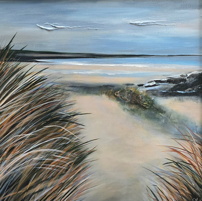Painting of a beach scene with grass and water