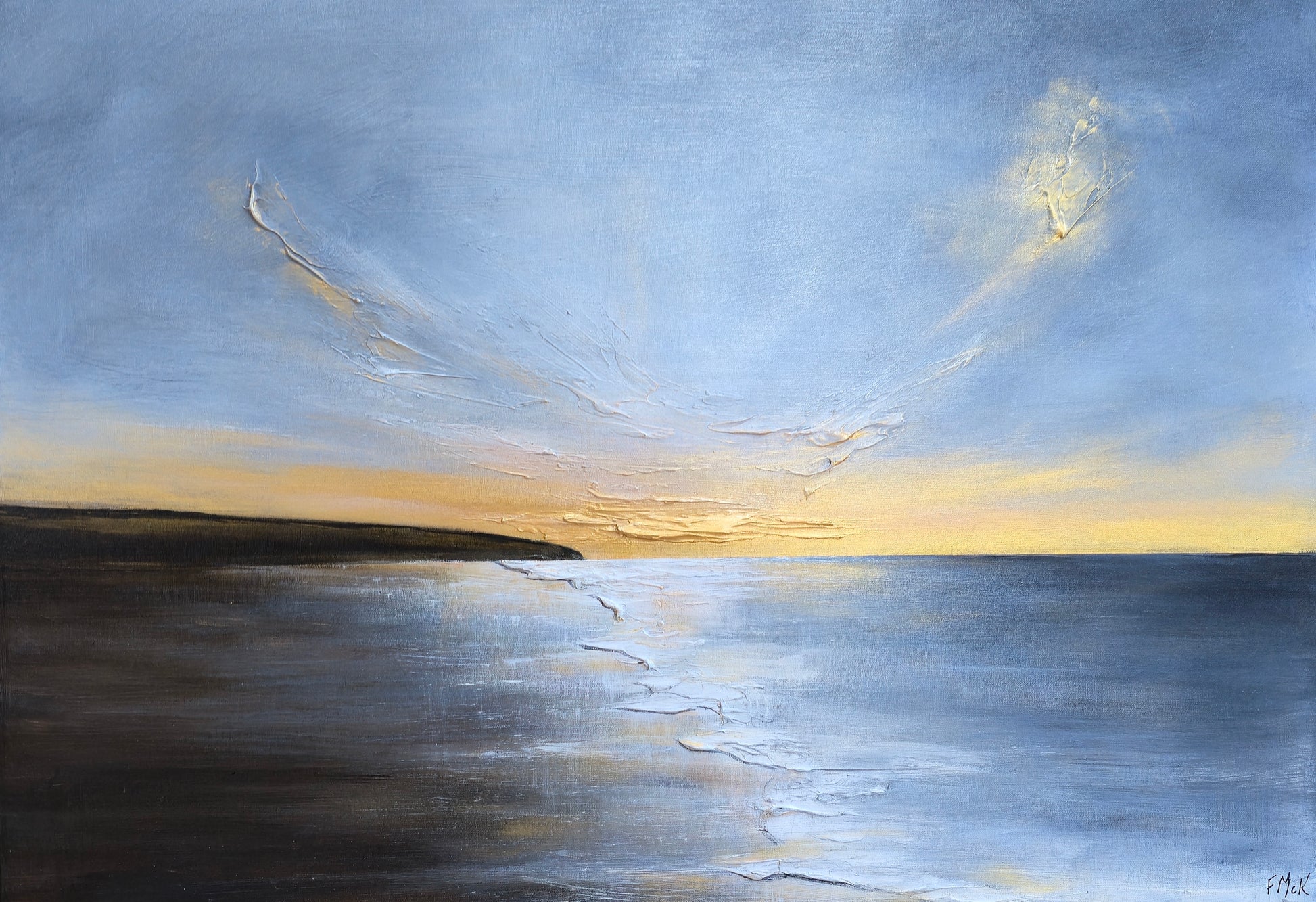 Abstract painting of a sunset over water.