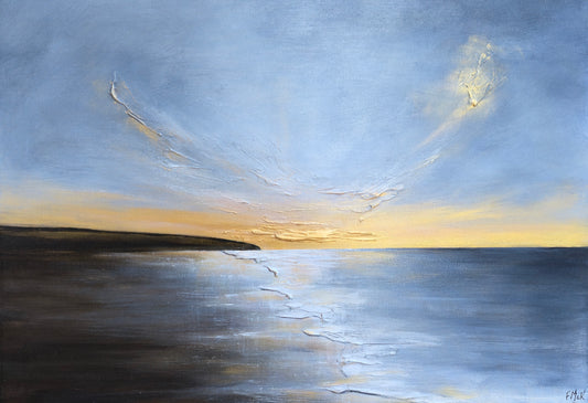 Abstract painting of a sunset over water.