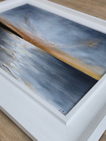 Abstract painting with blue, gray, and brown in a white frame.