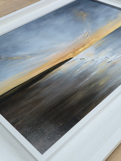 Abstract art piece with gold and gray colors on a white frame