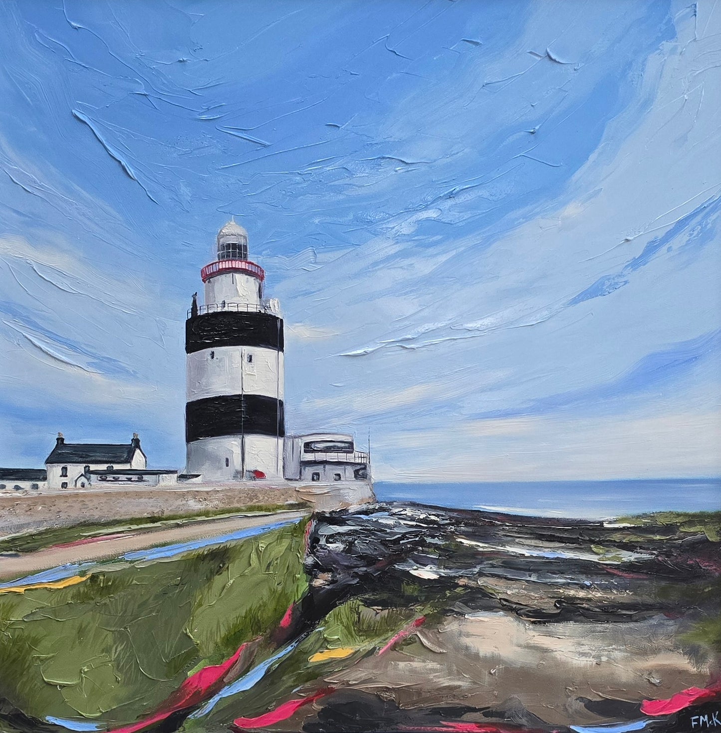 Painting of Hook lighthouse with a blue sky and clouds