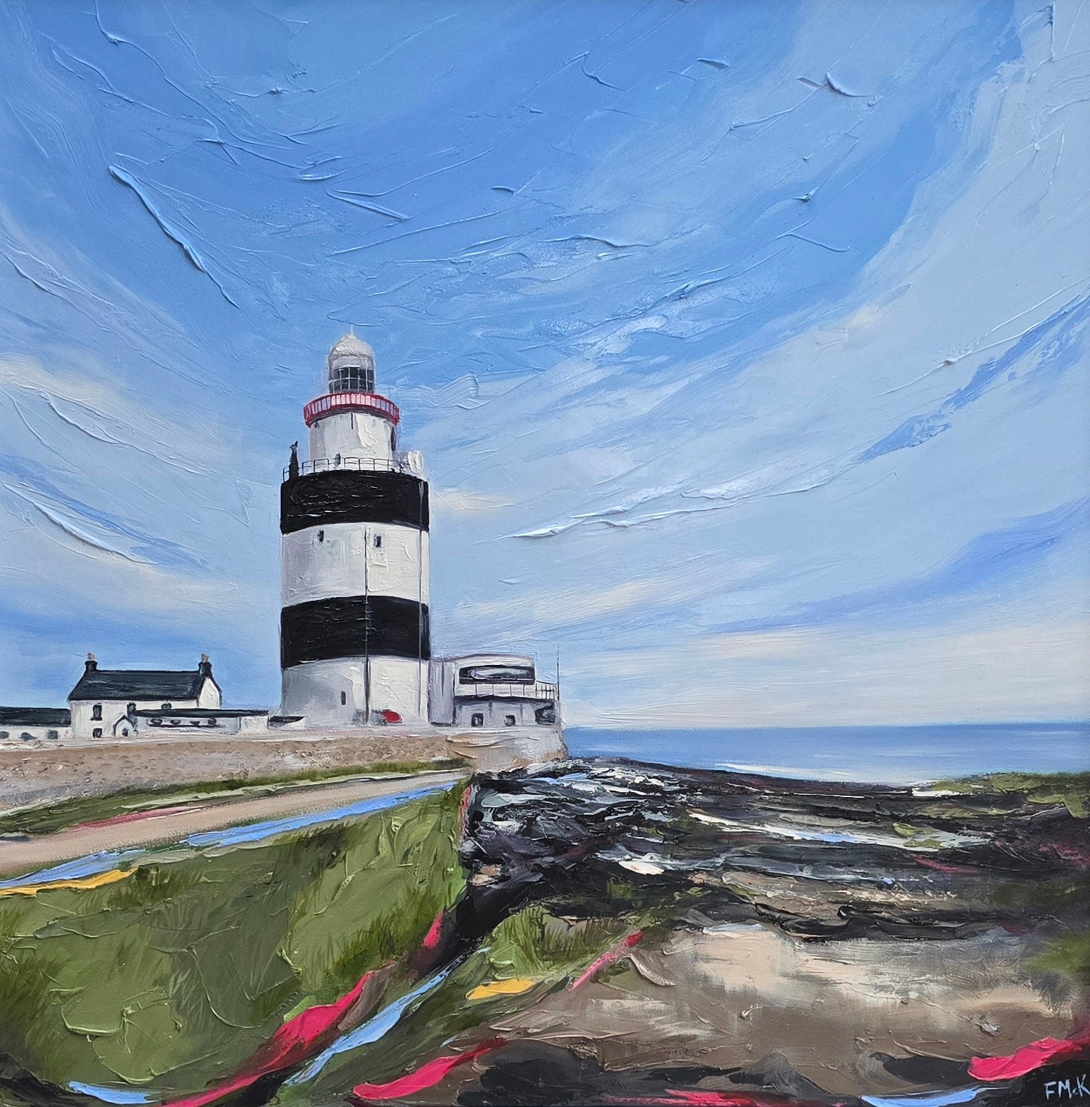 Painting of Hook lighthouse with a blue sky and clouds