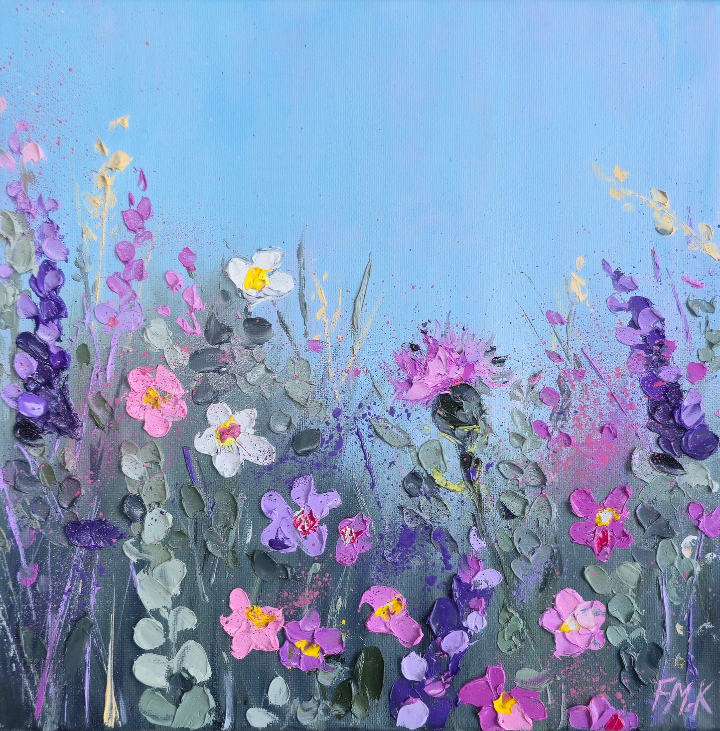 Painting of a field of colorful flowers with a blue sky background