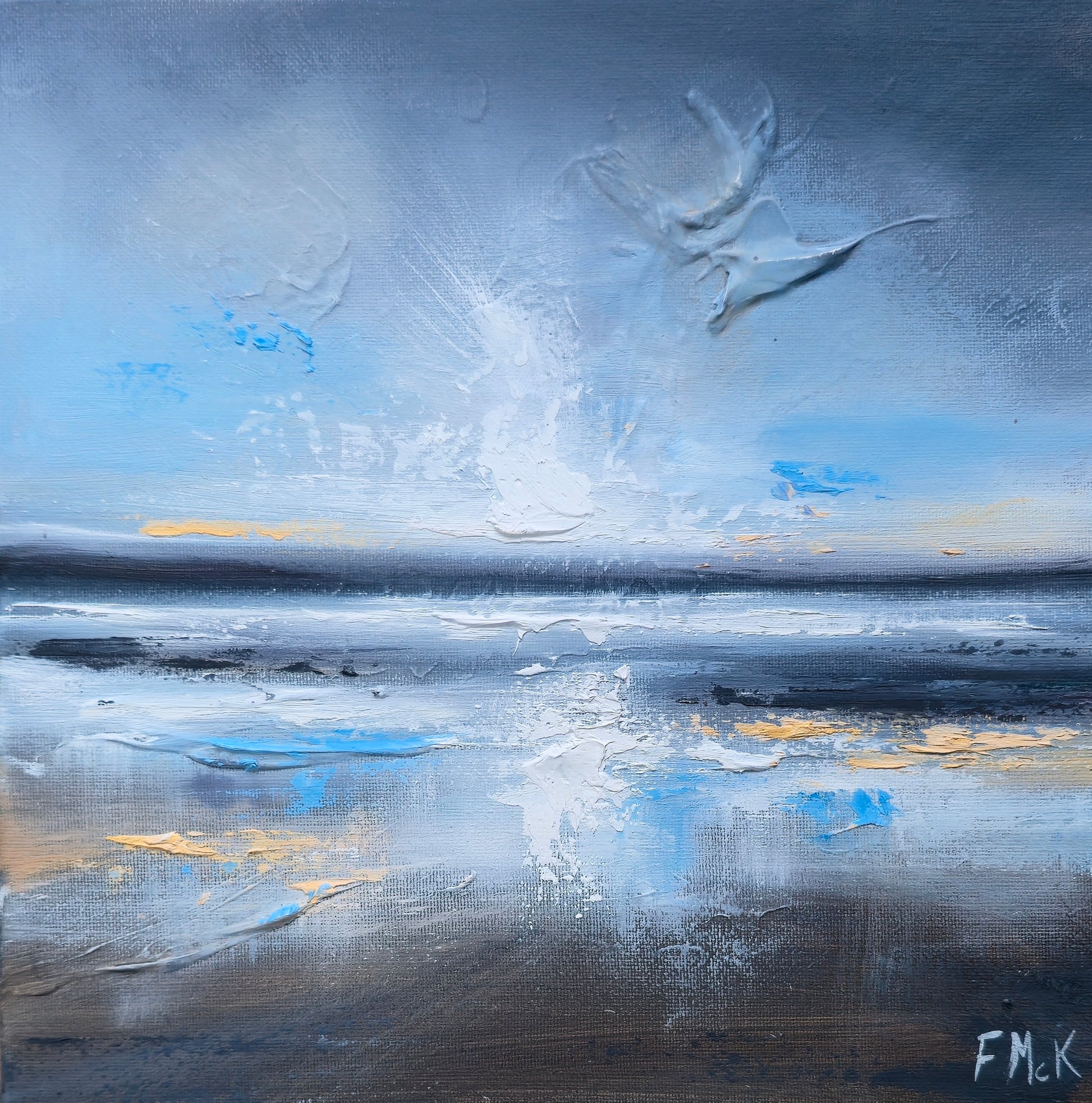 Abstract painting with blue, gray, and white colours