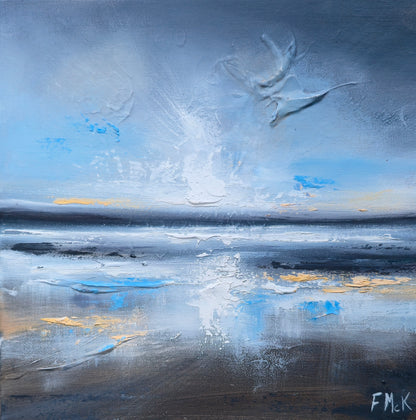 Abstract painting with blue, gray, and white colours