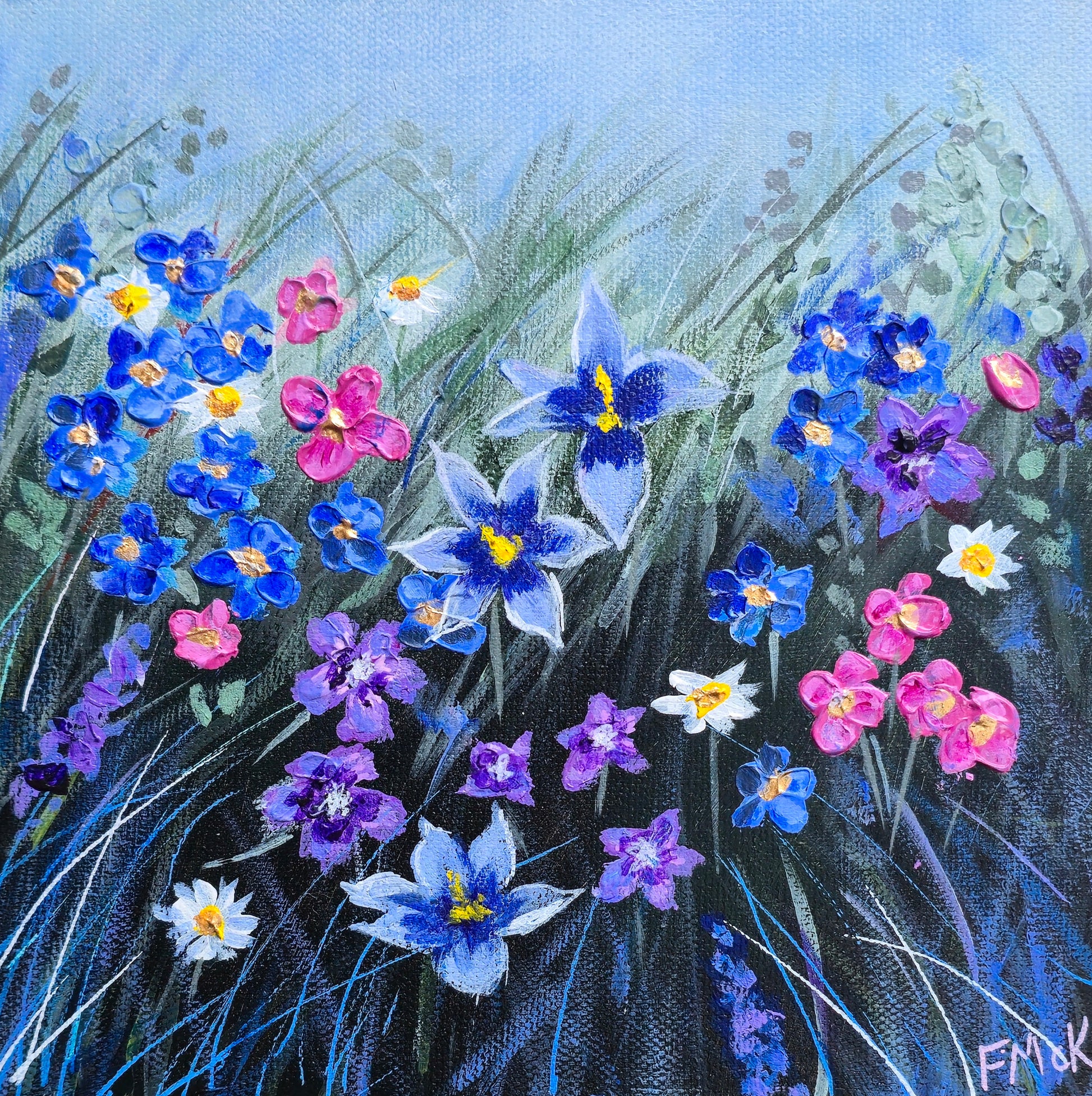 Painting of colorful flowers including blue, pink, and purple blossoms