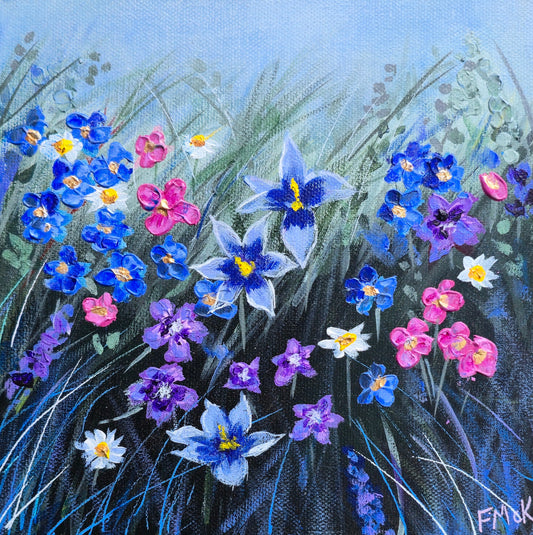 Painting of colorful flowers including blue, pink, and purple blossoms