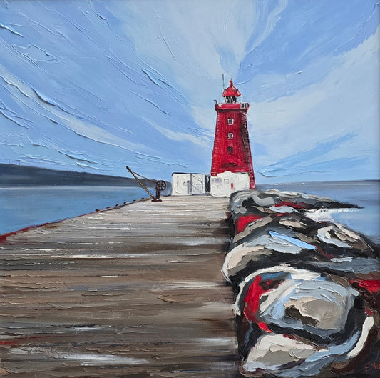 Painting of the Poolbeg red lighthouse with a blue sky.
