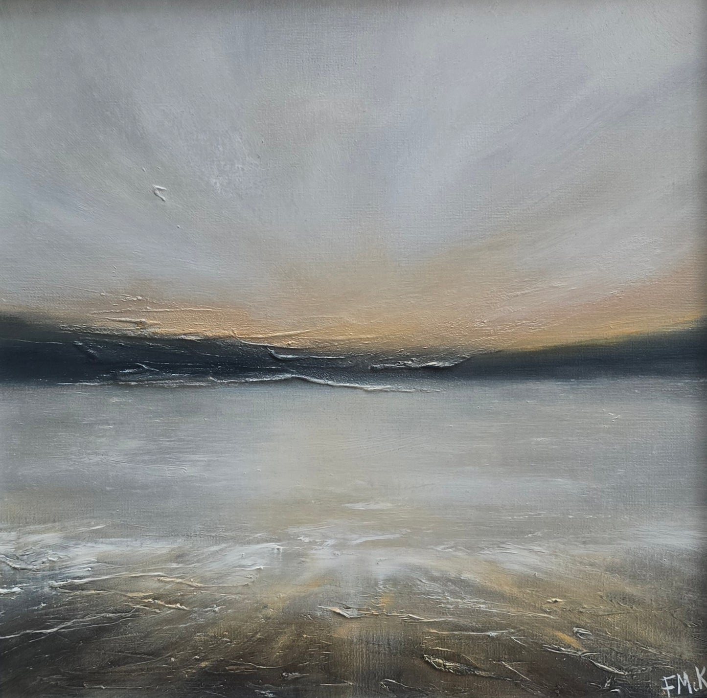 Abstract sunset painting with a gradient of gray, black, and beige tones.